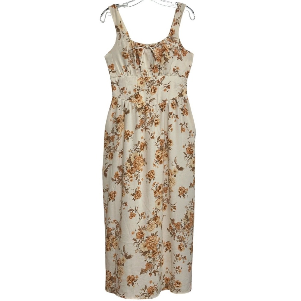 Monteau Los Angeles Maxi Sun Dress Womens Cream Tan Floral Smocked Cottagecore L